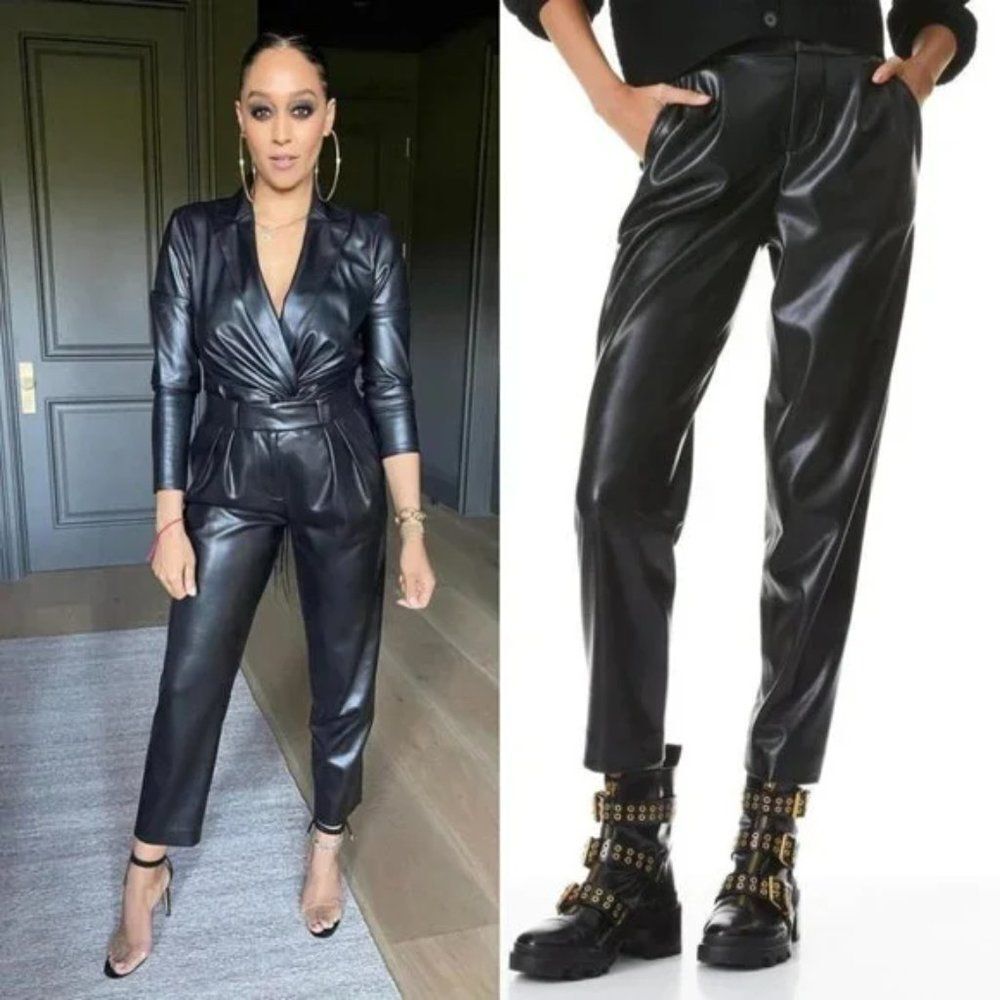 NWT Alice + Olivia Esta Black Faux Leather Pleated Straight Leg Pants
